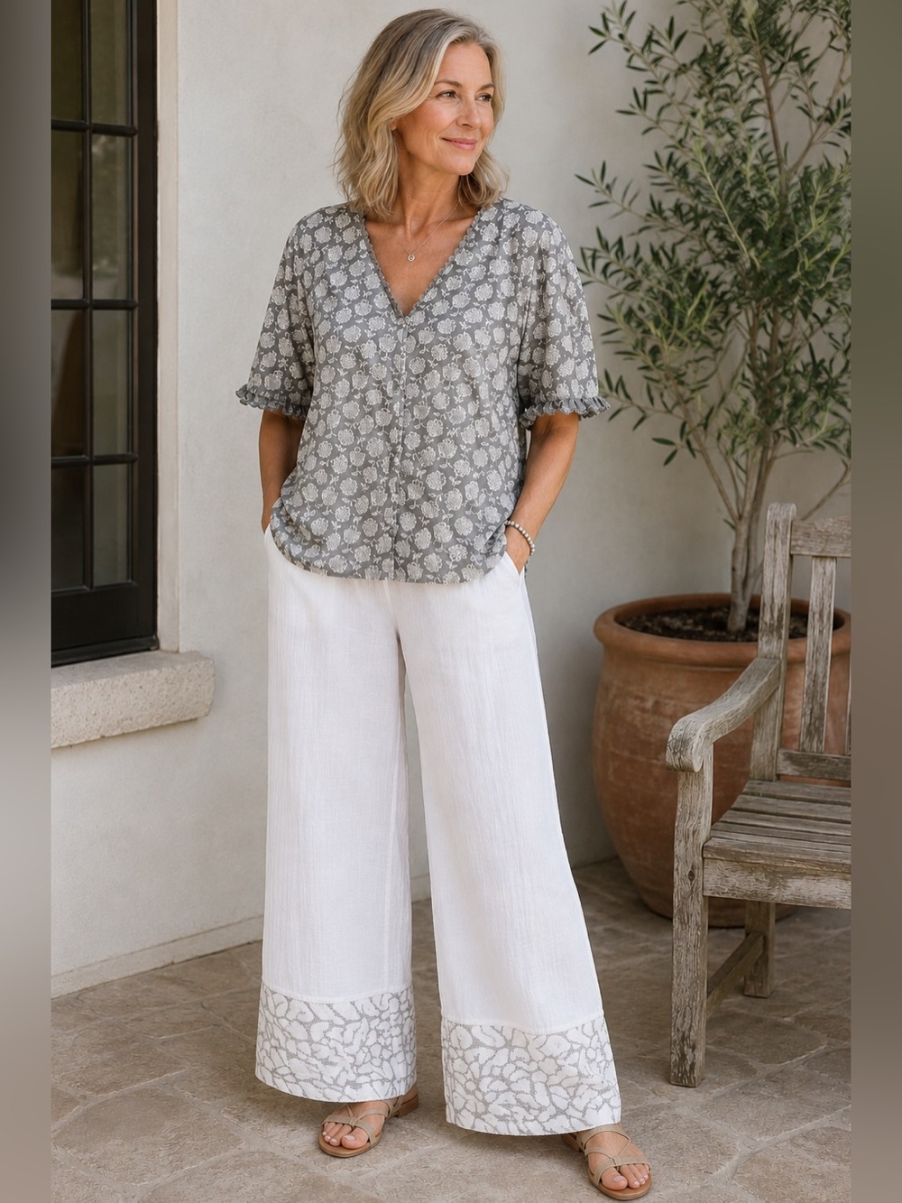 NWT KLEIO 100% Cotton Gauze Wide Leg Pants | High Rise | Elastic Waist | White |